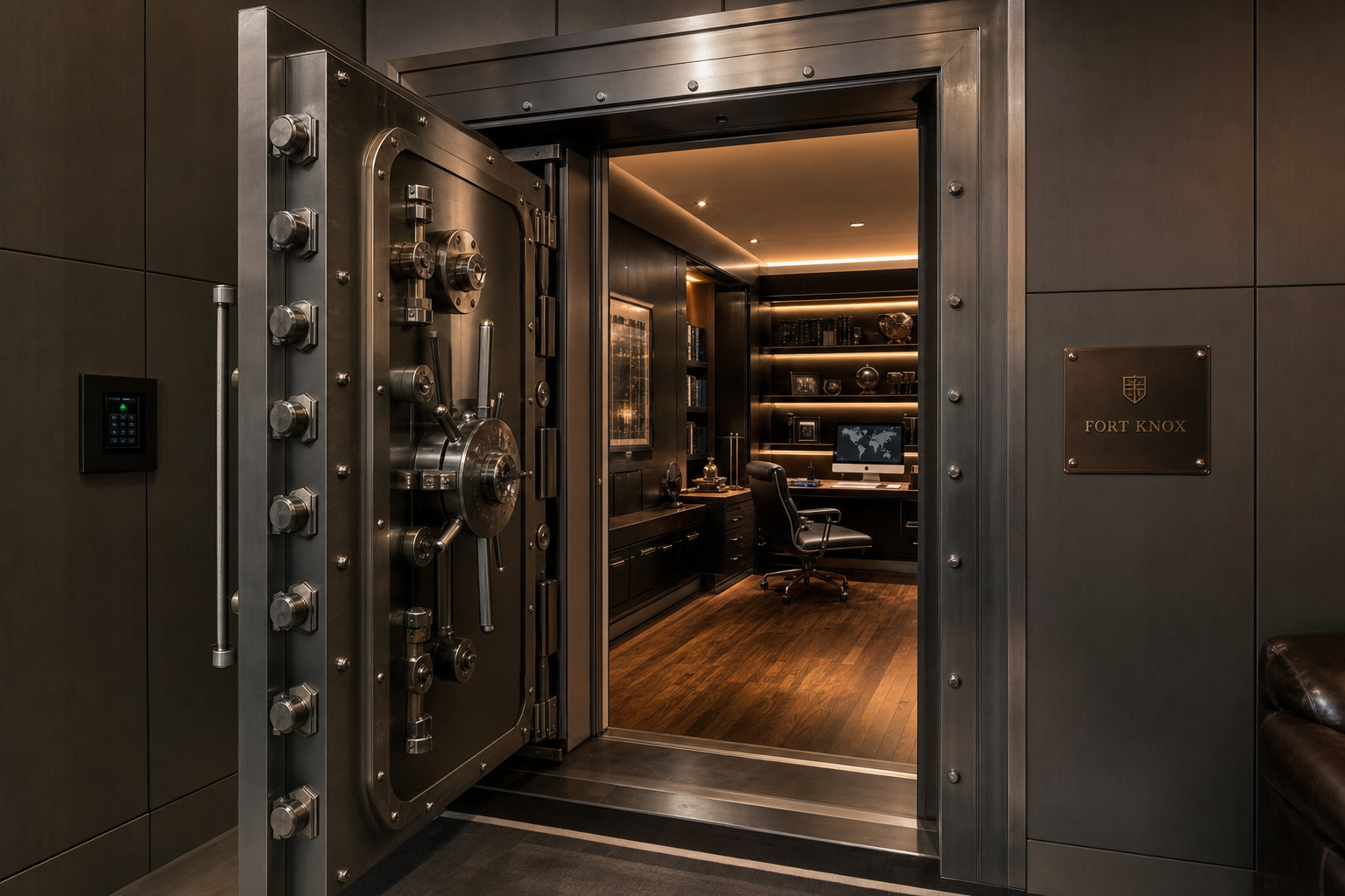 Luxury custom safe room with vault door open