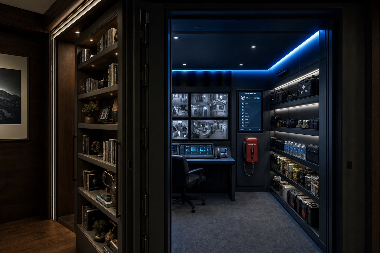 Hidden panic room with security monitors accessible through a bookshelf door