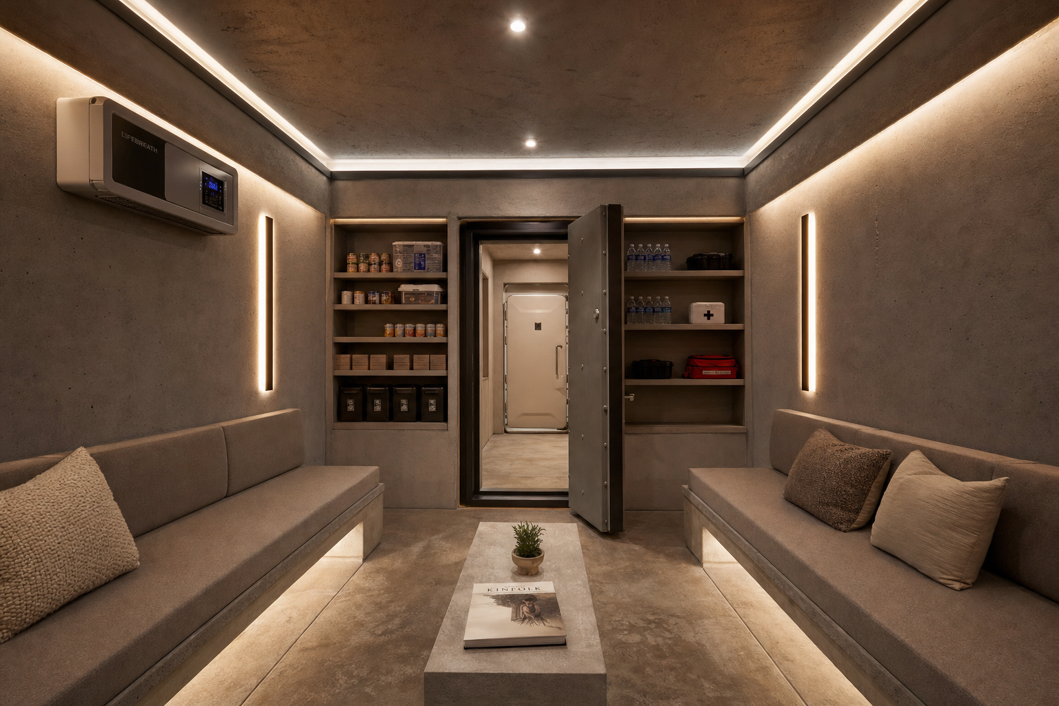Premium storm shelter interior with seating and emergency supplies